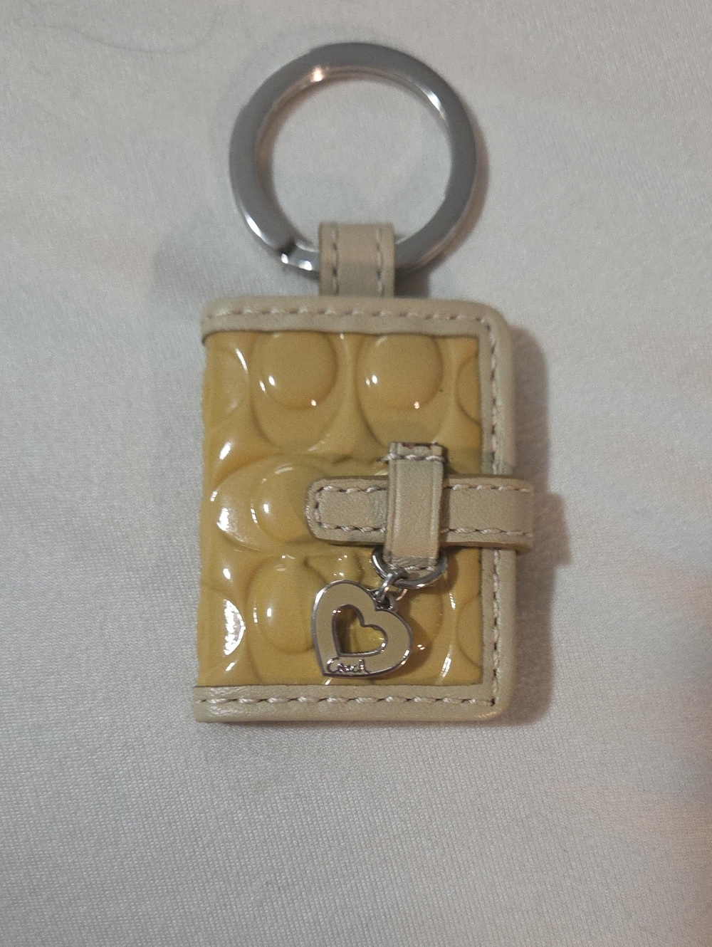 Vintage Coach Yellow Patent Leather Key Ring Charm with Heart Pendant